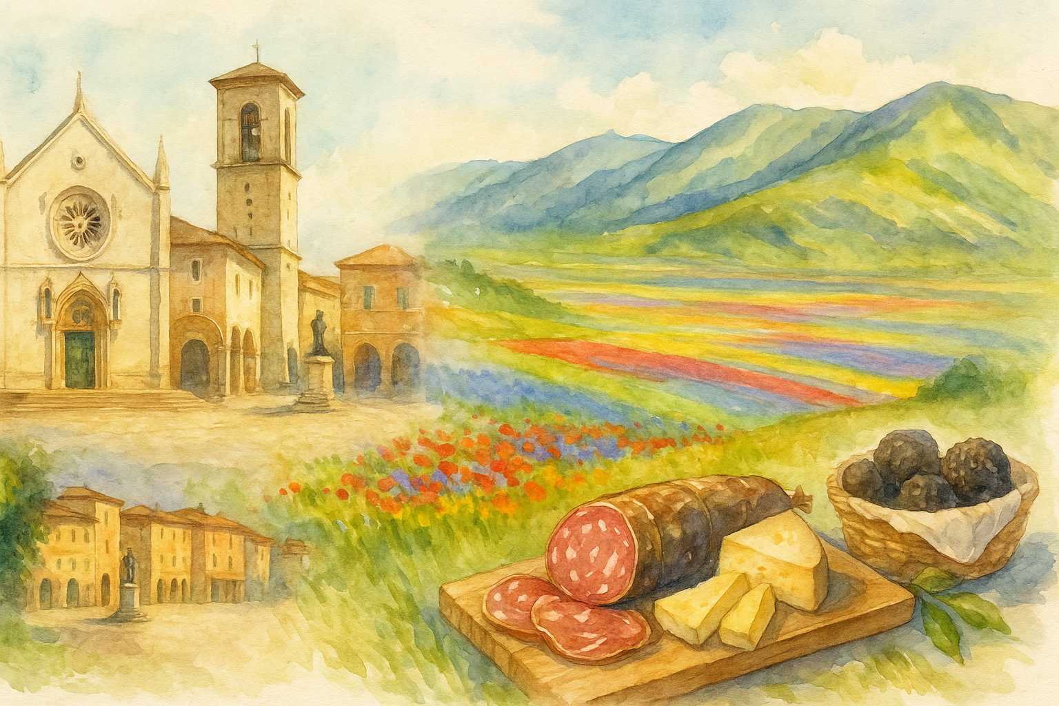 cosa vedere a norcia acquerello disegnato